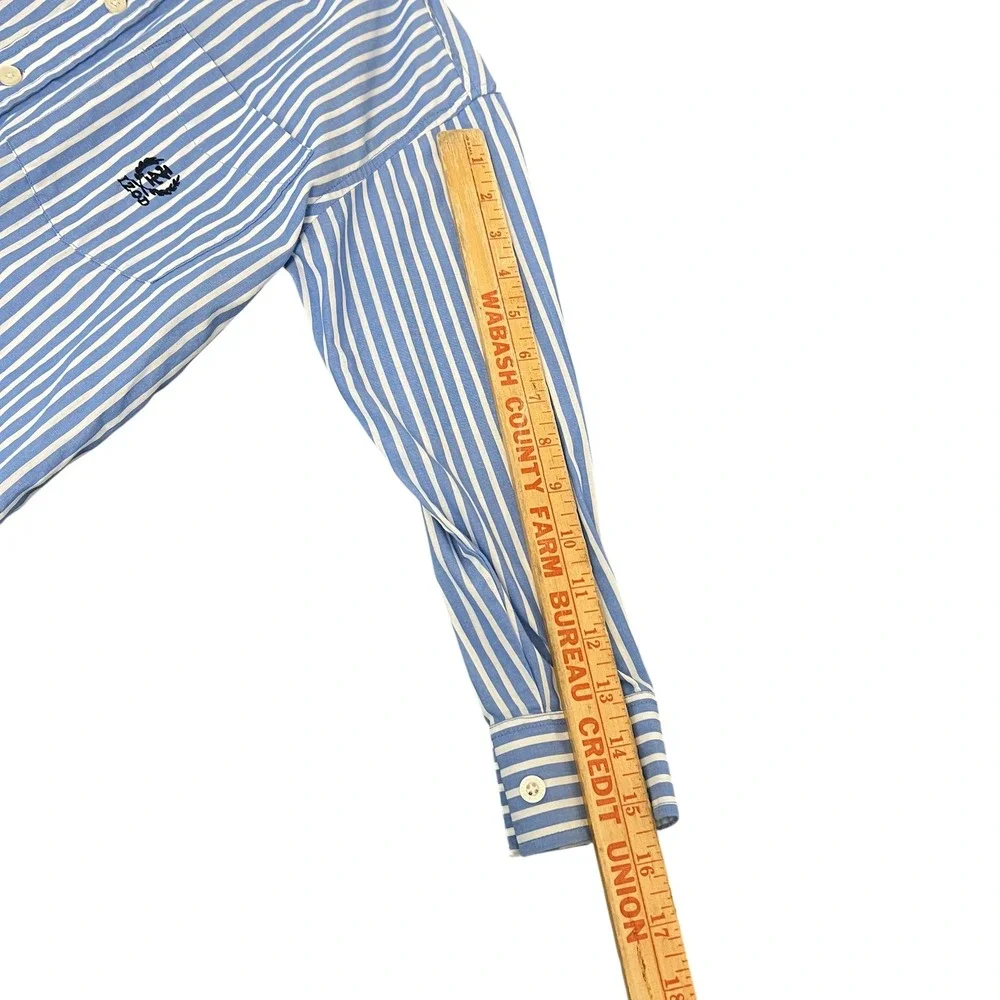 IZOD Boys Long Sleeve Button Down Shirt Size 8 Blue‎ White Stripe Pocket Logo